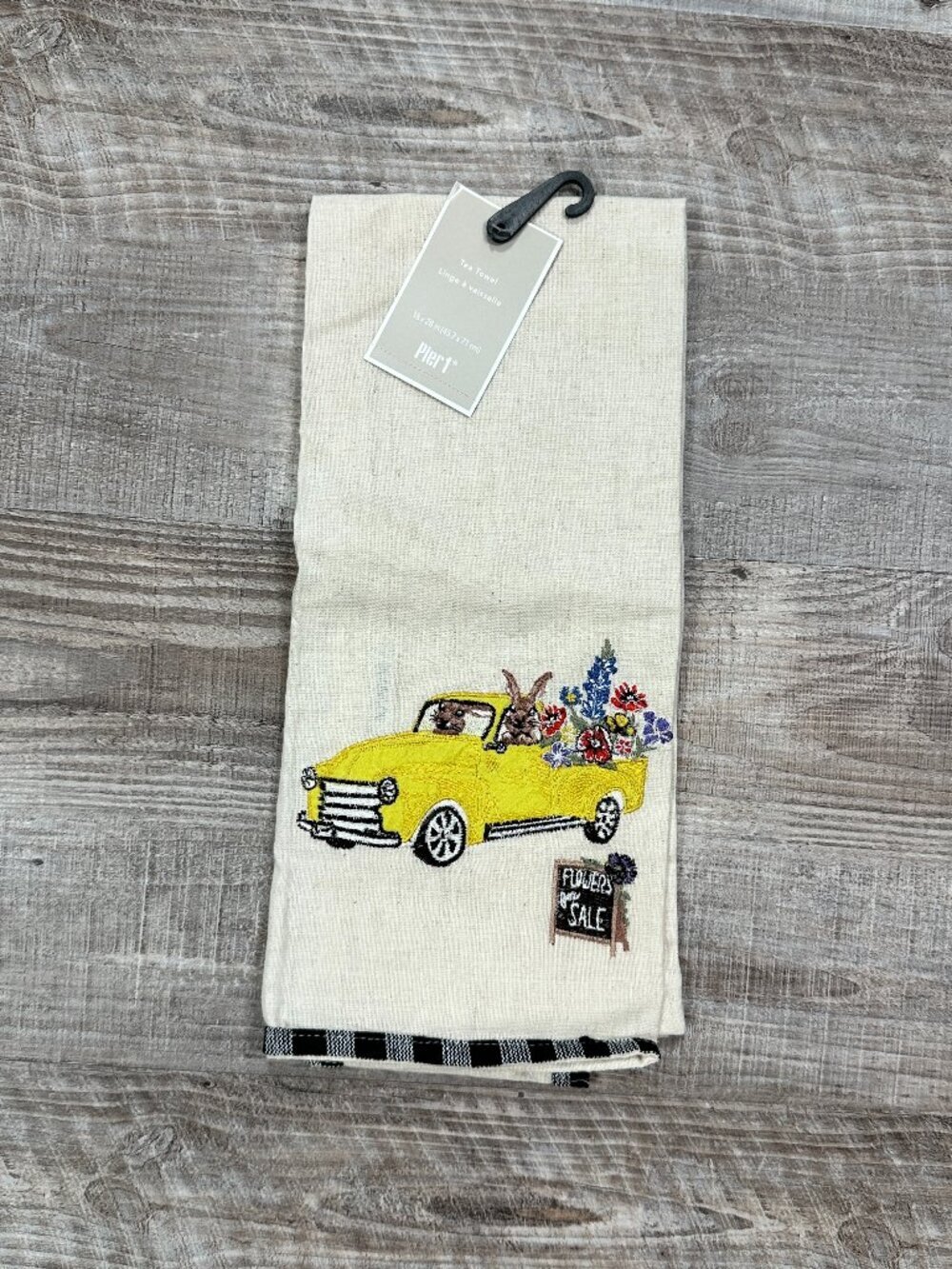 NWT Pier 1 Embroidered Tea Towel Check Trim Bunny Yellow Truck Flowers For Sale